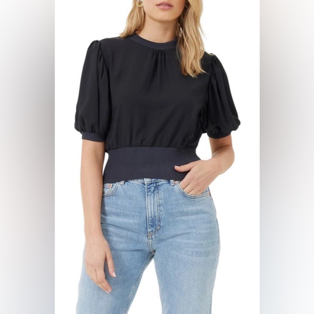 French Connection Black Ribbed Knit Trim top with puffed sleeves. Size medium